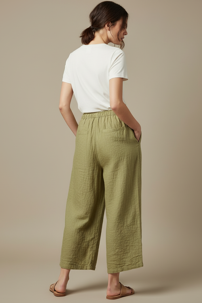 Pantalon Beige Fluide Lin Coton Élastique Décontracté Femme - Kaki - vue 2