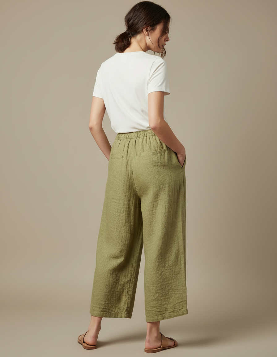 Pantalon Beige Fluide Lin Coton Élastique Décontracté Femme - Kaki - vue 2