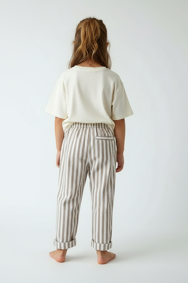 Pantalon Beige Rayé Coton Lin Ample Décontracté Enfant - vue 2