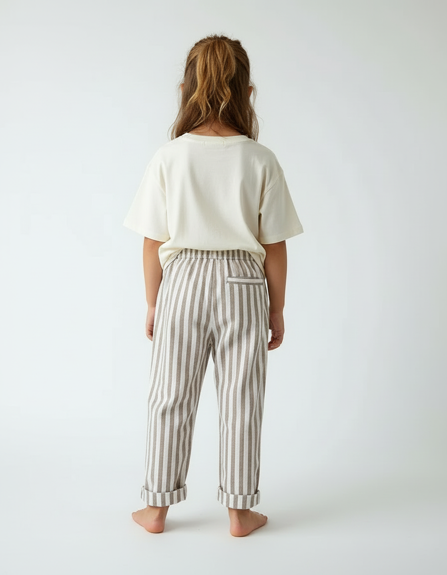 Pantalon Beige Rayé Coton Lin Ample Décontracté Enfant - vue 2