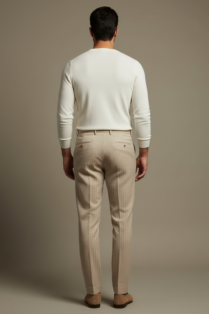 Pantalon Beige Plissé Rayé Élégant Homme - Laine - vue 2