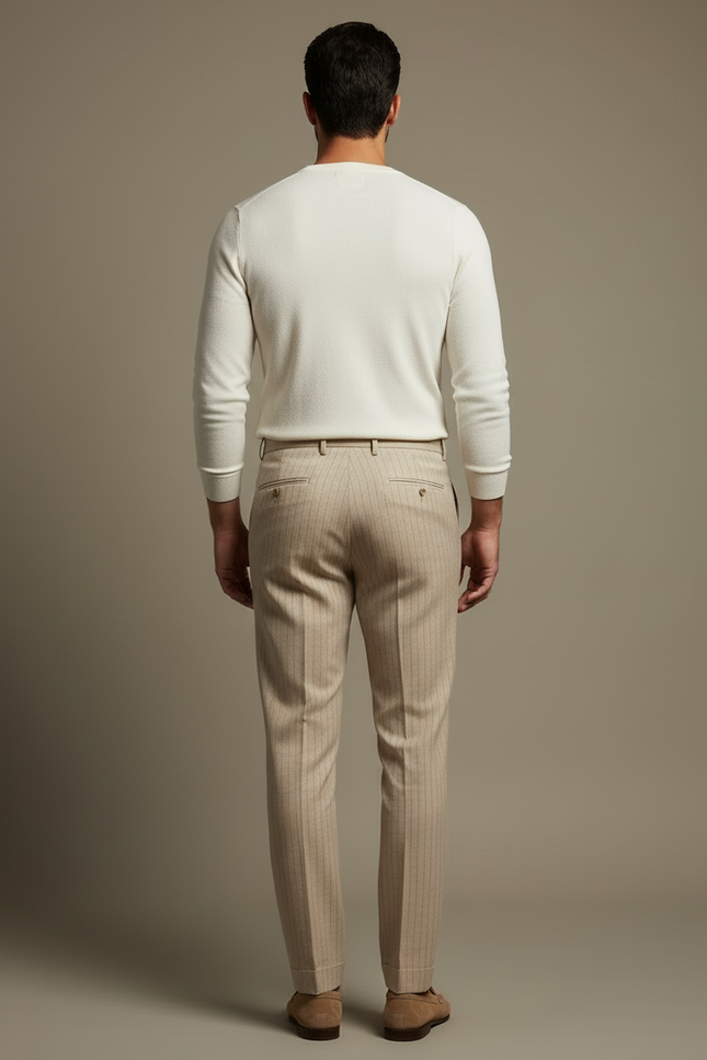Pantalon Beige Plissé Rayé Élégant Homme - Laine - vue 2
