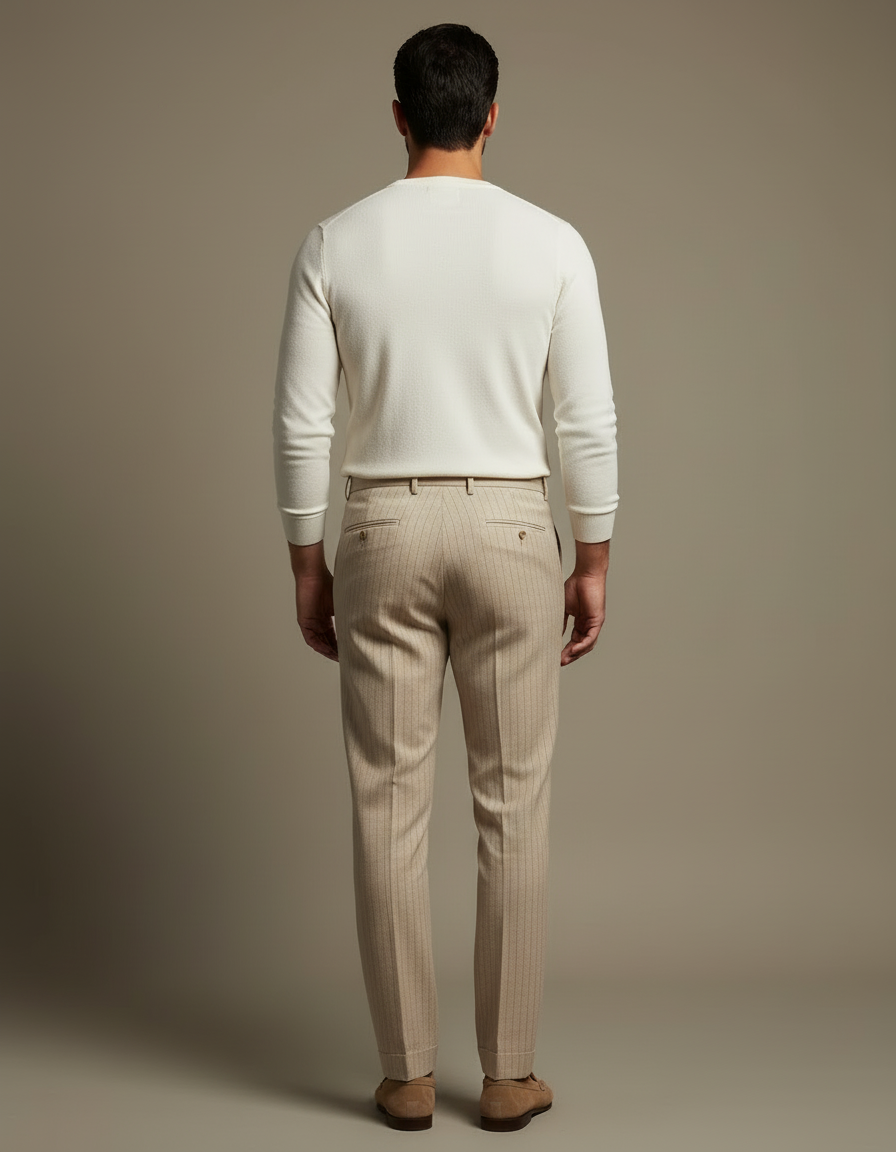 Pantalon Beige Plissé Rayé Élégant Homme - Laine - vue 2