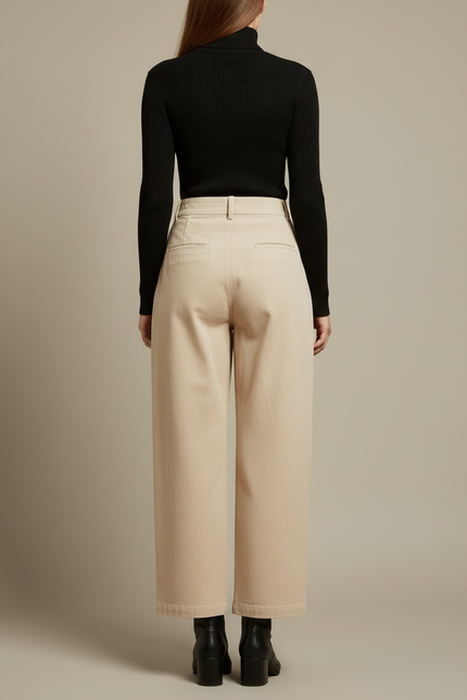 Pantalon Beige Large Plissé Élégant Femme - Cordé - vue 2