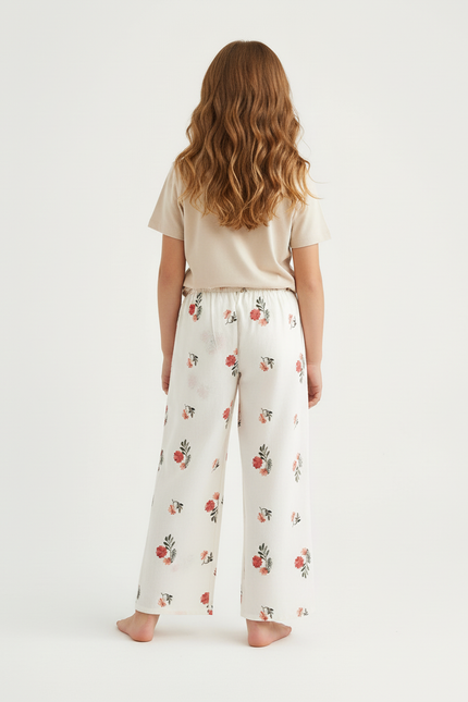 Pantalon Beige Imprimé Floral Ample Fille Coton - Blanc - vue 2
