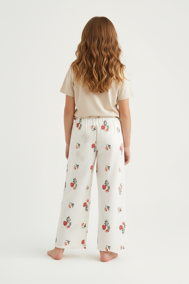 Pantalon Beige Imprimé Floral Ample Fille Coton - Blanc - vue 2