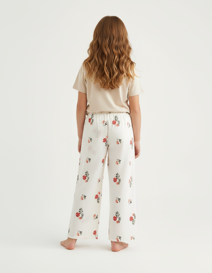 Pantalon Beige Imprimé Floral Ample Fille Coton - Blanc - vue 2