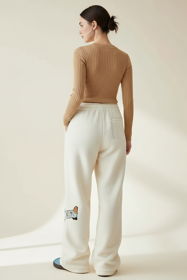 Pantalon Beige Ample Brodé Molletonné Décontracté Femme - Blanc - vue 2