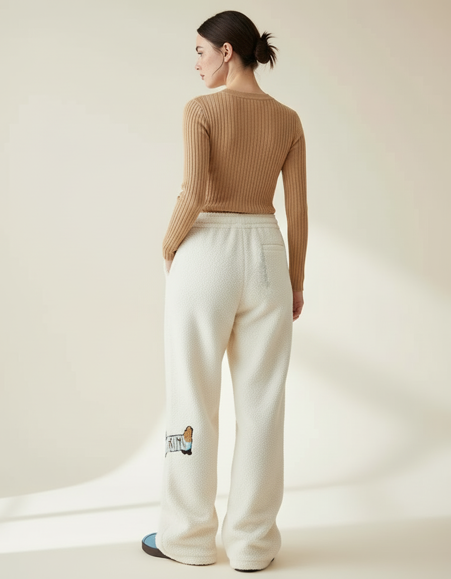 Pantalon Beige Ample Brodé Molletonné Décontracté Femme - Blanc - vue 2