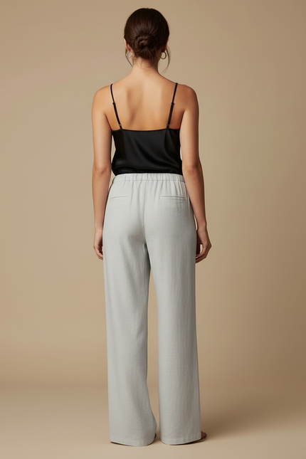 Pantalon Beige Ample Coton Lin Fluide Décontracté - Gris - vue 2