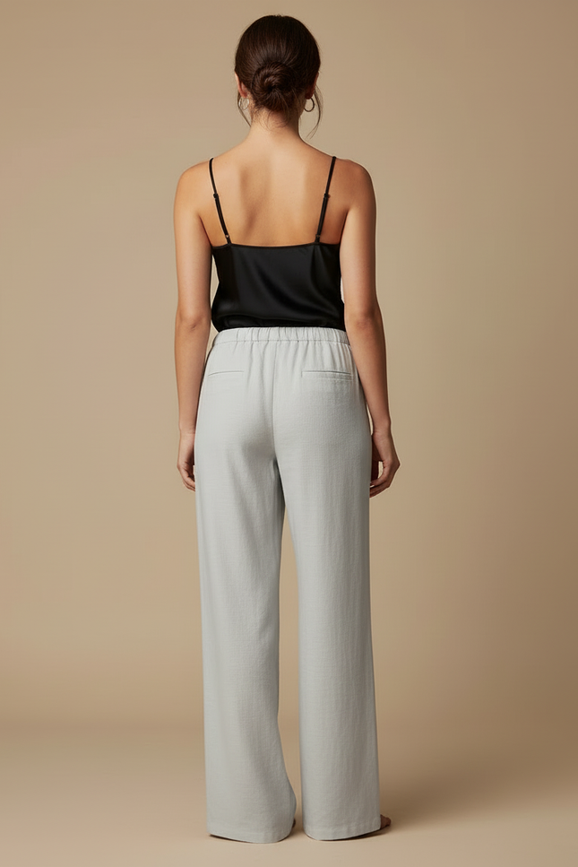 Pantalon Beige Ample Coton Lin Fluide Décontracté - Gris - vue 2