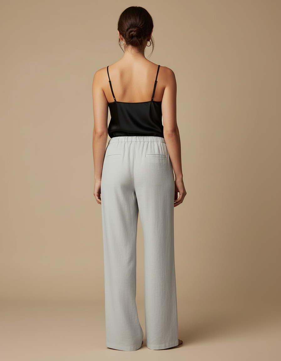 Pantalon Beige Ample Coton Lin Fluide Décontracté - Gris - vue 2