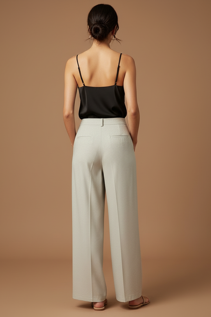 Pantalon Beige Fluide Ample Taille Haute Plissé Discret - Gris Viscose - vue 2