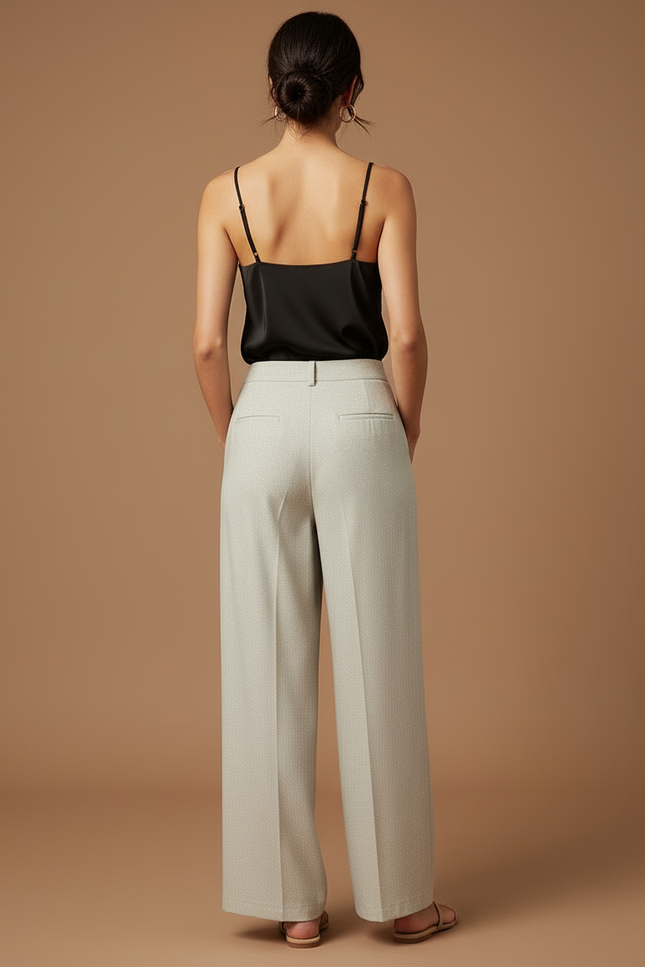 Pantalon Beige Fluide Ample Taille Haute Plissé Discret - Gris Viscose - vue 2
