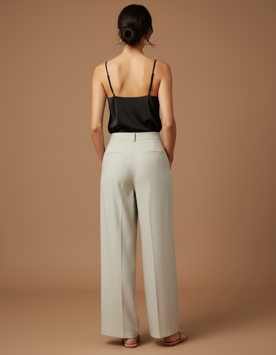 Pantalon Beige Fluide Ample Taille Haute Plissé Discret - Gris Viscose - vue 2