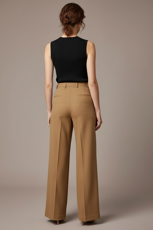 Pantalon Beige Évasé Taille Haute Fluide Chic - Gabardine - vue 2
