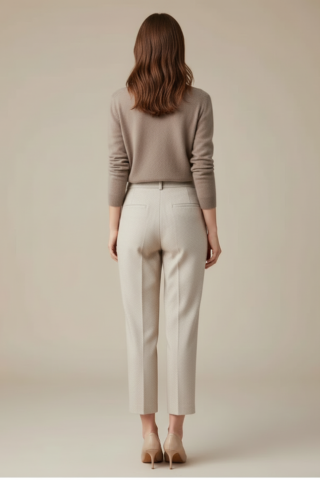 Pantalon Beige Taille Haute Pince Motif Discret - Laine - vue 2