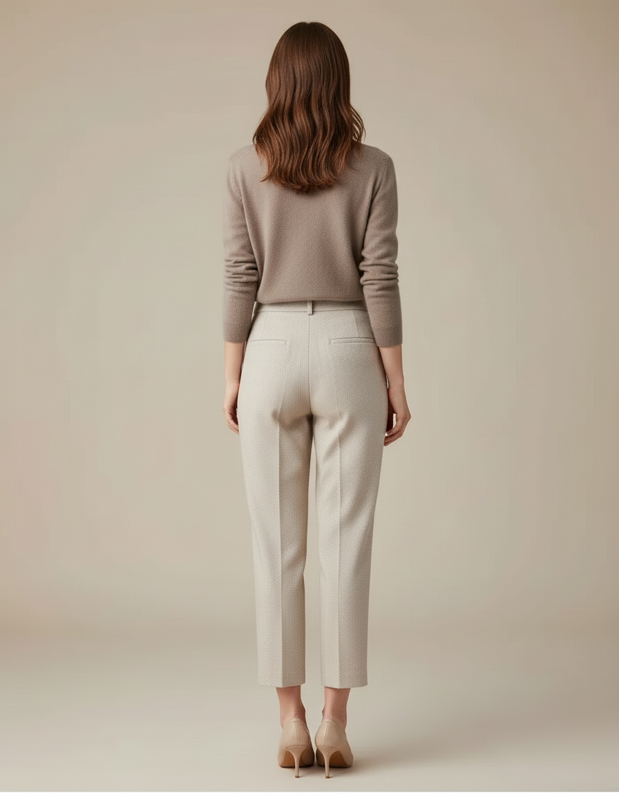 Pantalon Beige Taille Haute Pince Motif Discret - Laine - vue 2