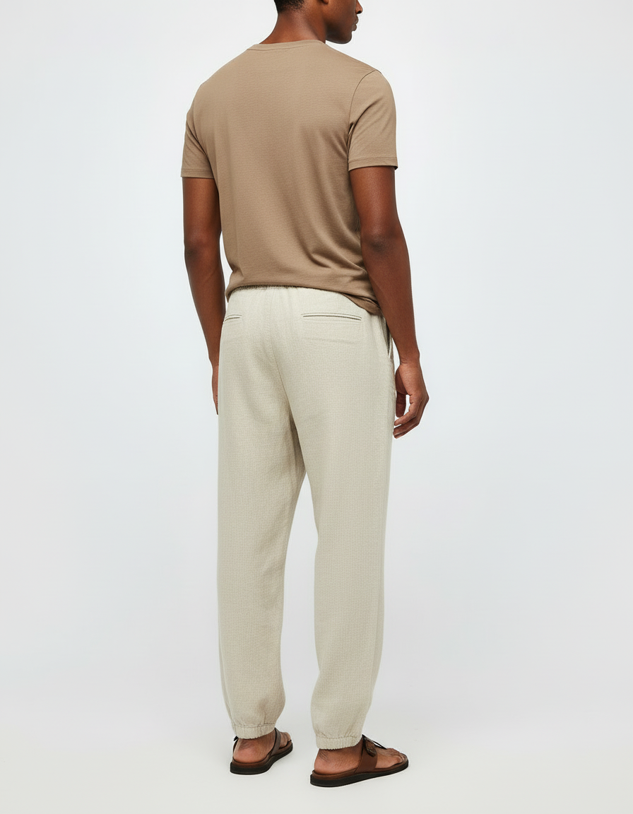 Pantalon Beige Ample Cordon Lin Homme Décontracté - vue 2