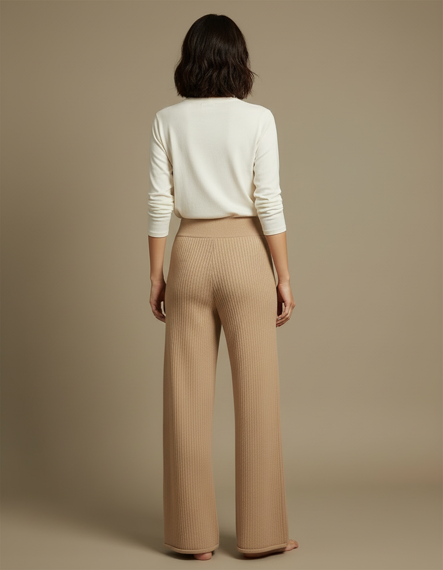 Pantalon Beige Tricoté Côtelé Ample Fluide Élégant - Maille - vue 2