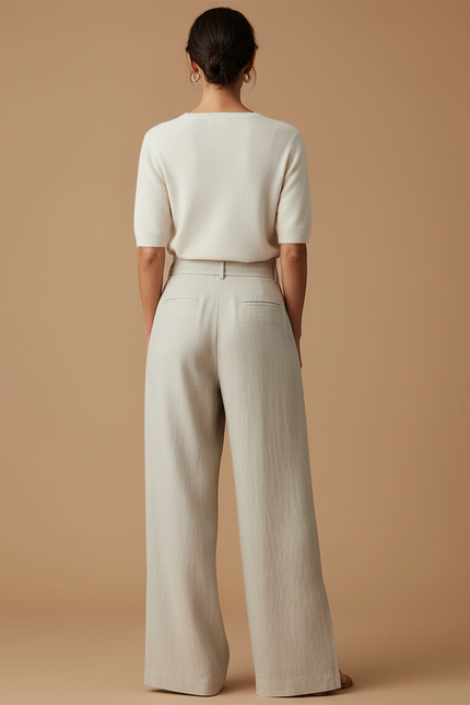 Pantalon Beige Fluide Lin Taille Haute Fendu - vue 2