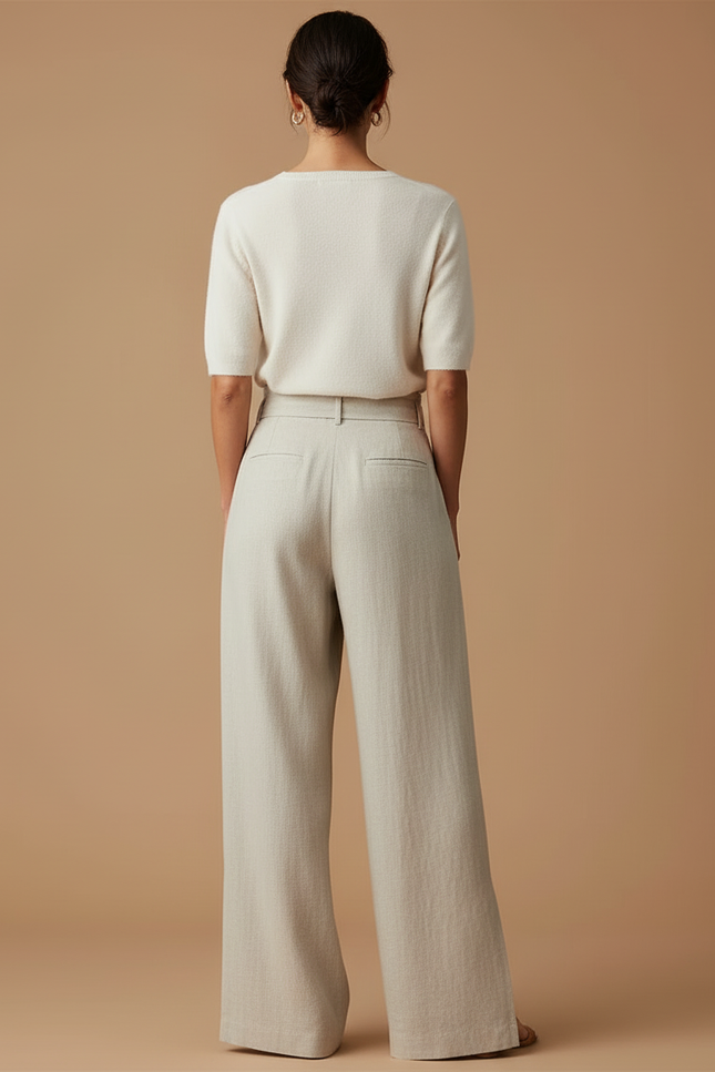 Pantalon Beige Fluide Lin Taille Haute Fendu - vue 2