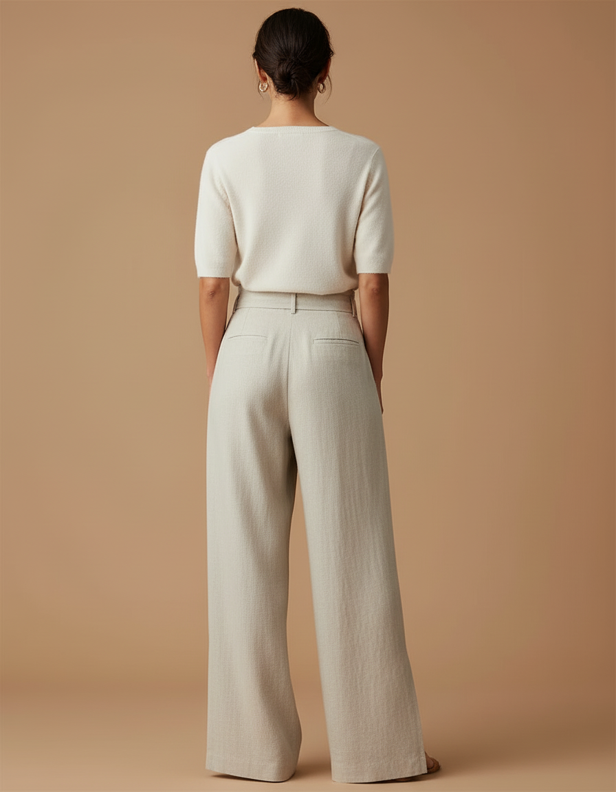 Pantalon Beige Fluide Lin Taille Haute Fendu - vue 2
