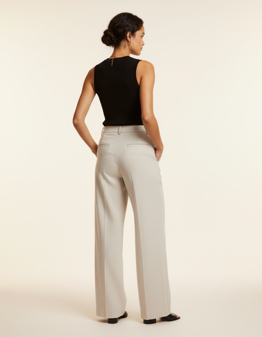 Pantalon Beige Large Taille Haute Couture Apparente - Gabardine - vue 2