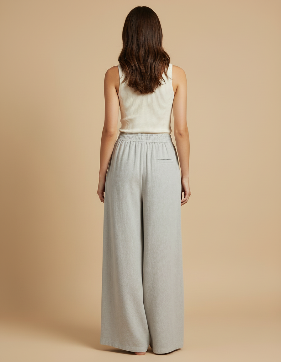 Pantalon Beige Ample Lin Fluide Décontracté Femme - Gris - vue 2