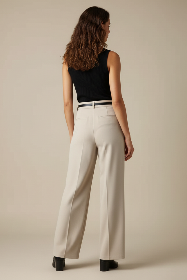 Pantalon Beige Taille Haute Ample Droit Élégant - Polyester - vue 2