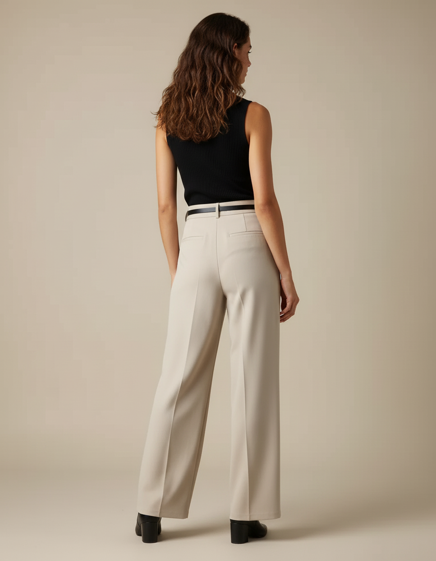 Pantalon Beige Taille Haute Ample Droit Élégant - Polyester - vue 2