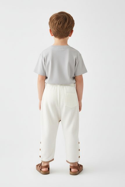 Pantalon Beige Côtelé Boutonné Brodé Confortable Enfant - Maille - vue 2