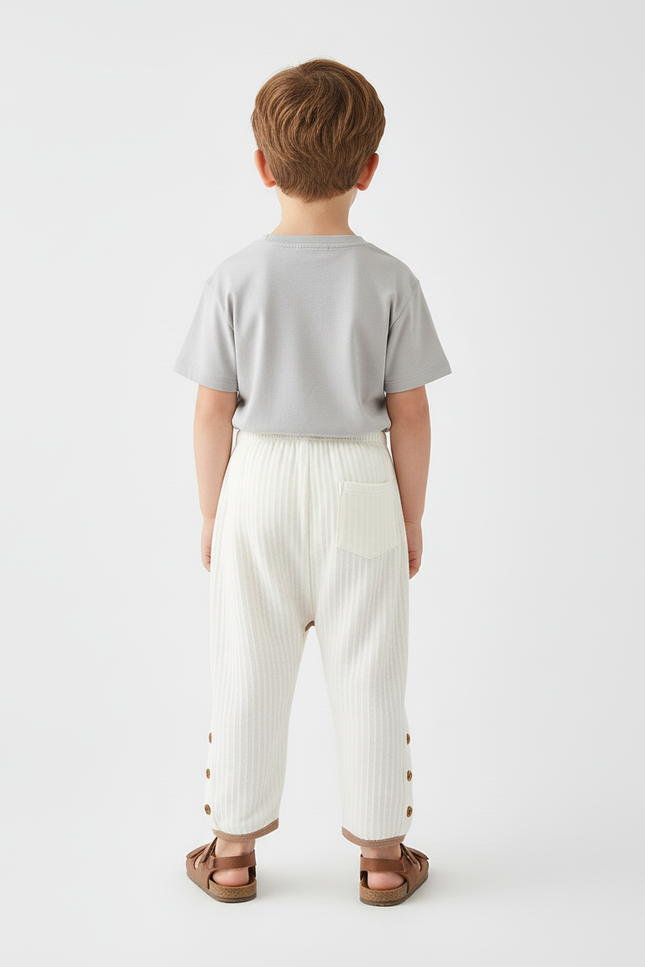 Pantalon Beige Côtelé Boutonné Brodé Confortable Enfant - Maille - vue 2