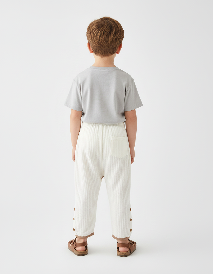 Pantalon Beige Côtelé Boutonné Brodé Confortable Enfant - Maille - vue 2