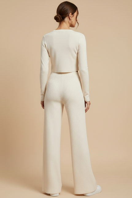 Pantalon Beige Côtelé Droit Tricoté Élégant Femme - Maille - vue 2