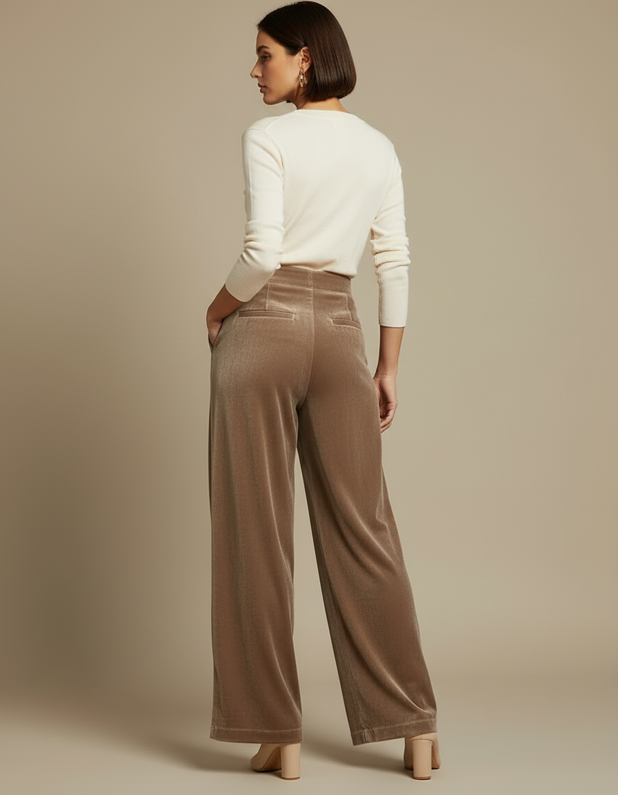 Pantalon Beige Velours Plissé Ample Élégant Fluide - vue 2
