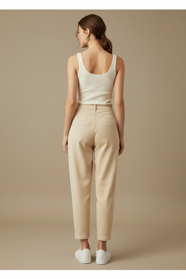 Pantalon Beige Côtelé Ample Décontracté Femme Plissé - Cordé - vue 2