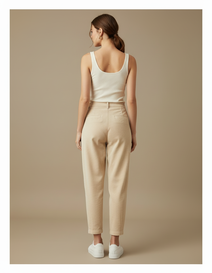 Pantalon Beige Côtelé Ample Décontracté Femme Plissé - Cordé - vue 2
