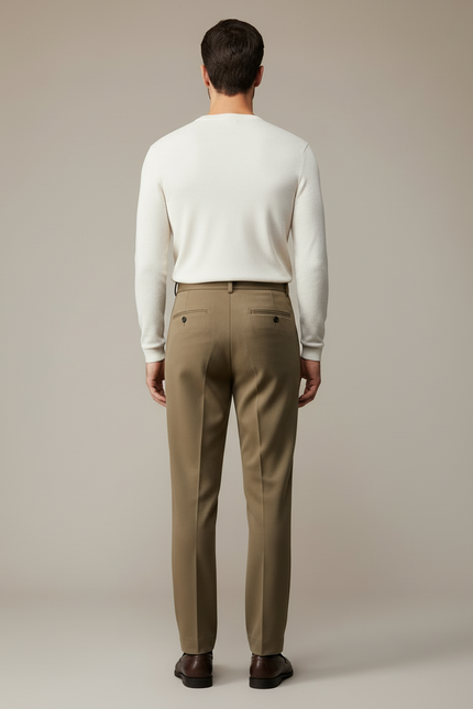 Pantalon Beige Laine Droite Plissé Homme Élégant - Kaki - vue 2