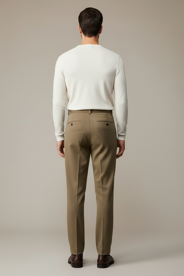 Pantalon Beige Laine Droite Plissé Homme Élégant - Kaki - vue 2