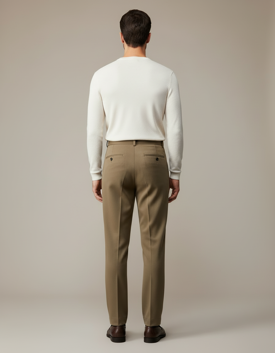 Pantalon Beige Laine Droite Plissé Homme Élégant - Kaki - vue 2