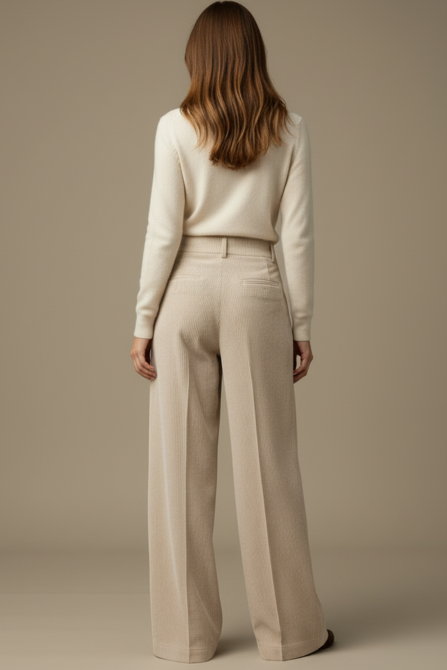 Pantalon Beige Côtelé Ample Taille Haute Rétro - Cordé - vue 2