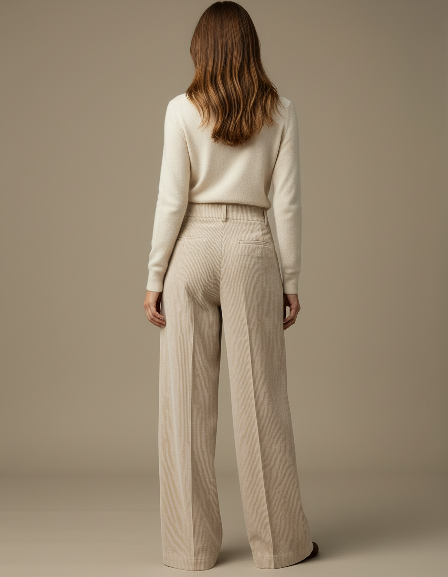 Pantalon Beige Côtelé Ample Taille Haute Rétro - Cordé - vue 2