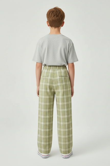 Pantalon Beige Ample Carreaux Verts Enfant Décontracté - Coton - vue 2
