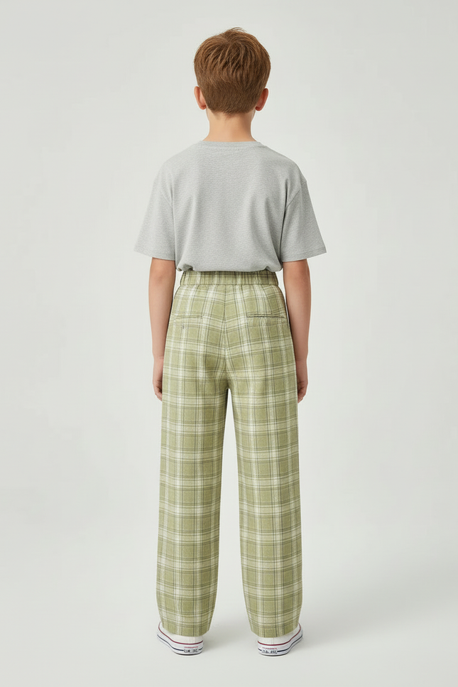Pantalon Beige Ample Carreaux Verts Enfant Décontracté - Coton - vue 2