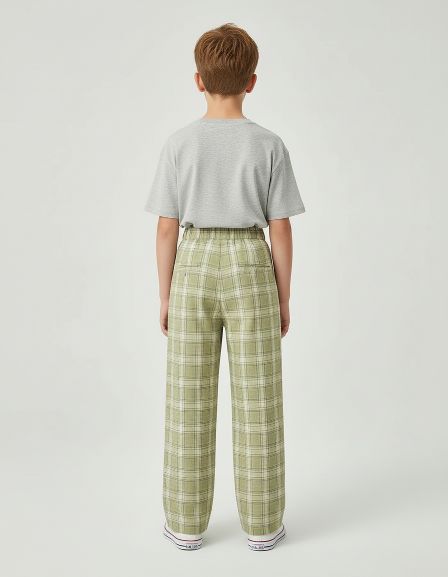 Pantalon Beige Ample Carreaux Verts Enfant Décontracté - Coton - vue 2