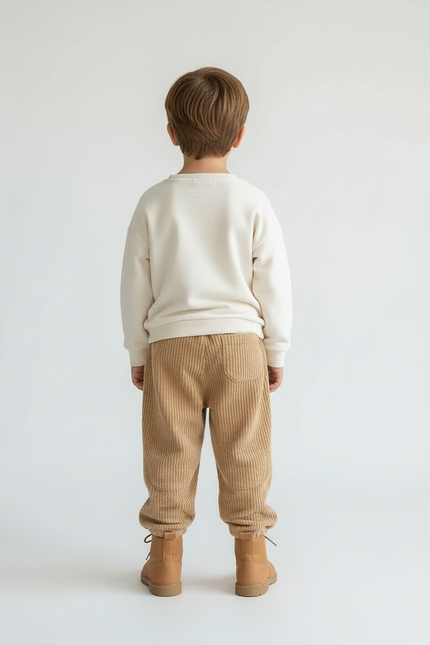 Pantalon Beige Côtelé Ample Enfant Élastique - Camel Cordé - vue 2