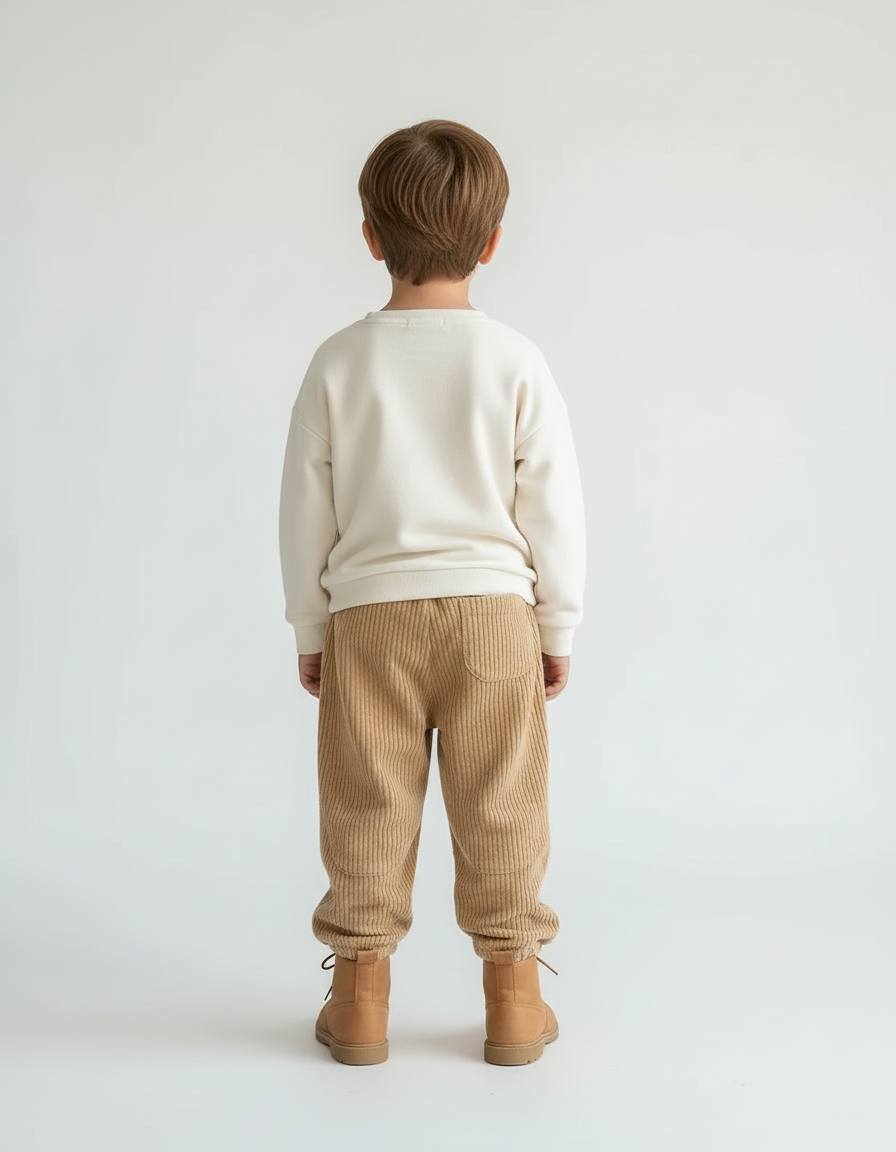 Pantalon Beige Côtelé Ample Enfant Élastique - Camel Cordé - vue 2