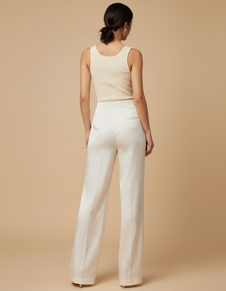 Pantalon Beige Satiné Jacquard Ample Élégant - vue 2