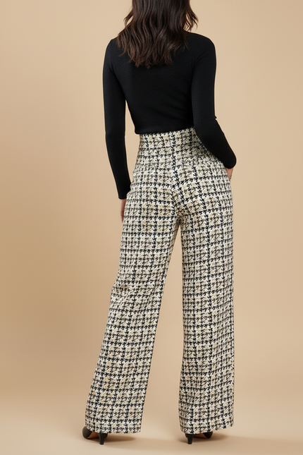 Pantalon Pied De Poule Beige - Tweed - vue 2